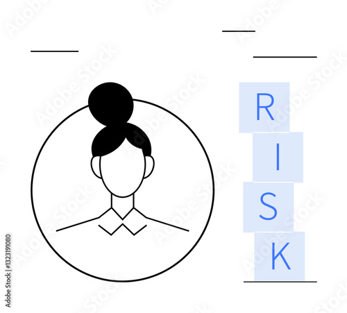 Portrait of a person in a circle with stacked blue blocks spelling RISK. Ideal for security, decision-making, evaluation, risk assessment, challenges, management, abstract line flat metaphor