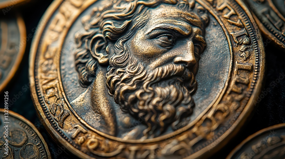 Ancient Legacy: An antique coin, showcasing a detailed bust of a bearded figure, likely a historical leader, meticulously crafted with exquisite detailing, lies against a blurred dark background. Ancient Legacy: An antique coin, showcasing a detailed bust of a bearded figure, likely a historical leader, meticulously crafted with exquisite detailing, lies against a blurred dark background.
