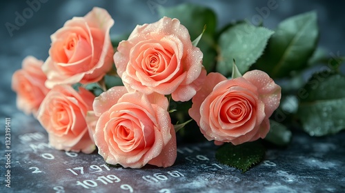 Elegant Peach-colored roses with dewdrops on a textured surface 