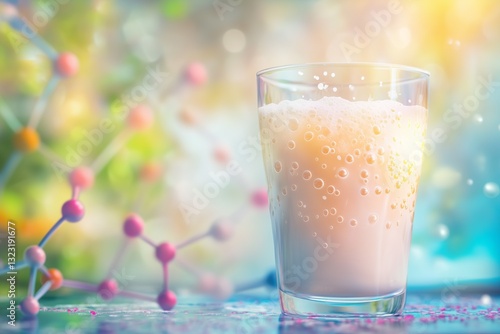 A bubbly glass of probiotic drink with a molecular backdrop, symbolizing gut health and digestive wellness