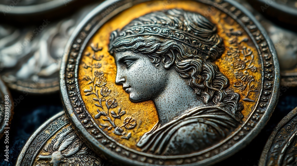 Ancient Coin's Golden Glow: A close-up reveals the exquisite detail of an ancient coin, showcasing the profile of a classical figure. The warm. Ancient Coin's Golden Glow: A close-up reveals the exquisite detail of an ancient coin, showcasing the profile of a classical figure. The warm.
