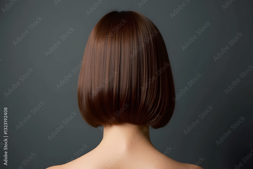 Elegant women's bob haircut viewed from the back against a dark background
Elegant women's bob haircut viewed from the back against a dark background