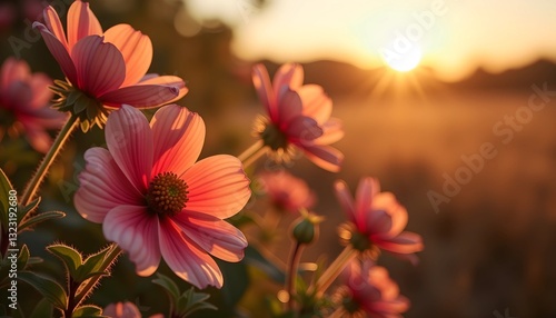 Pink flowers blooming softly against a sunset backdrop