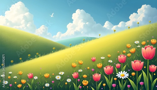 Colorful flowers joyfully blooming against a hilly landscape
