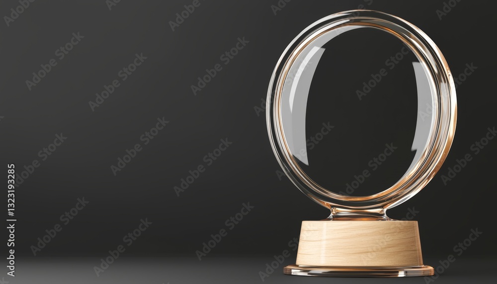 A sleek and modern round glass award with a wooden base, standing elegantly against a dark gray gradient background A sleek and modern round glass award with a wooden base, standing elegantly against a dark gray gradient background