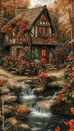 Wallpaper Mural Charming cottage surrounded by vibrant flowers and a gentle stream in a serene forest setting during autumn Torontodigital.ca