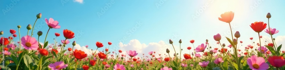 Softly glowing wildflowers against a clear blue sky, landscape, clear blue sky Softly glowing wildflowers against a clear blue sky, landscape, clear blue sky