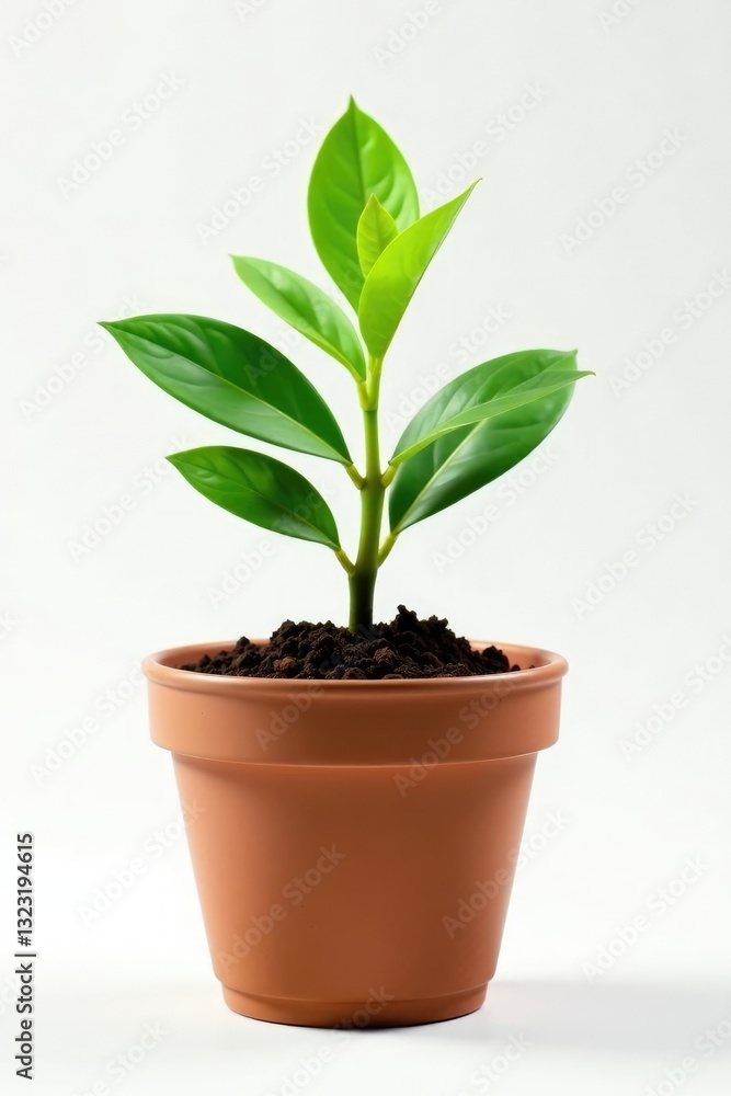 small potted plant with soil and leaves on a white background, isolated, botanical, plant small potted plant with soil and leaves on a white background, isolated, botanical, plant