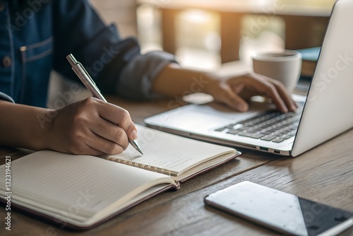 Person taking notes in notebook while using laptop for online learning and working remotely