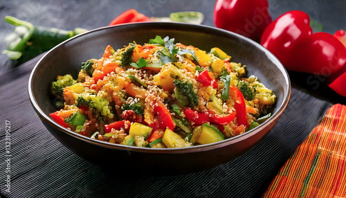 Zucchini quinoa stir-fry with colorful bell peppers, garlic, and a sprinkle