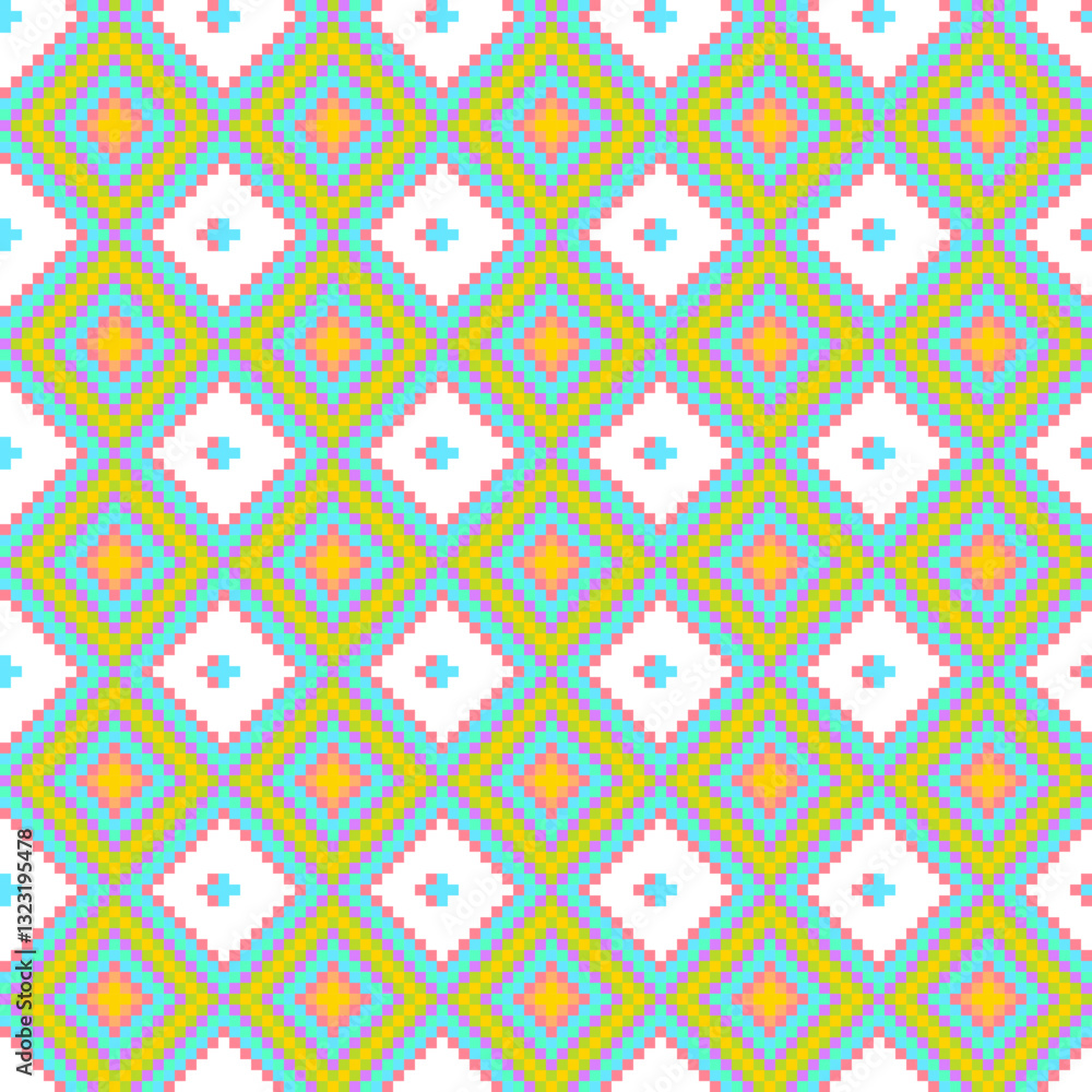 Colorful diamond pattern featuring vibrant yellow, pink, and green shapes against a white background, creating a lively textile design. Colorful diamond pattern featuring vibrant yellow, pink, and green shapes against a white background, creating a lively textile design.