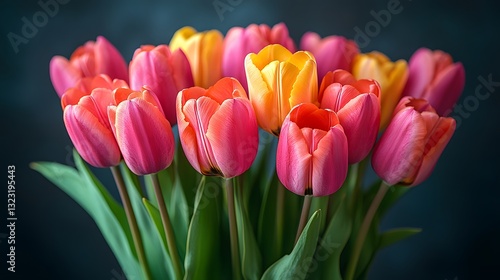 Vibrant Bouquet of Multicolored Tulips Against a Soft Dark Background
