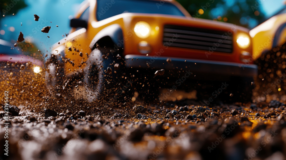 Fototapeta premium Colorful toy car buried in brown dirt at an off-road racing event capturing the spirit of adventure and fun