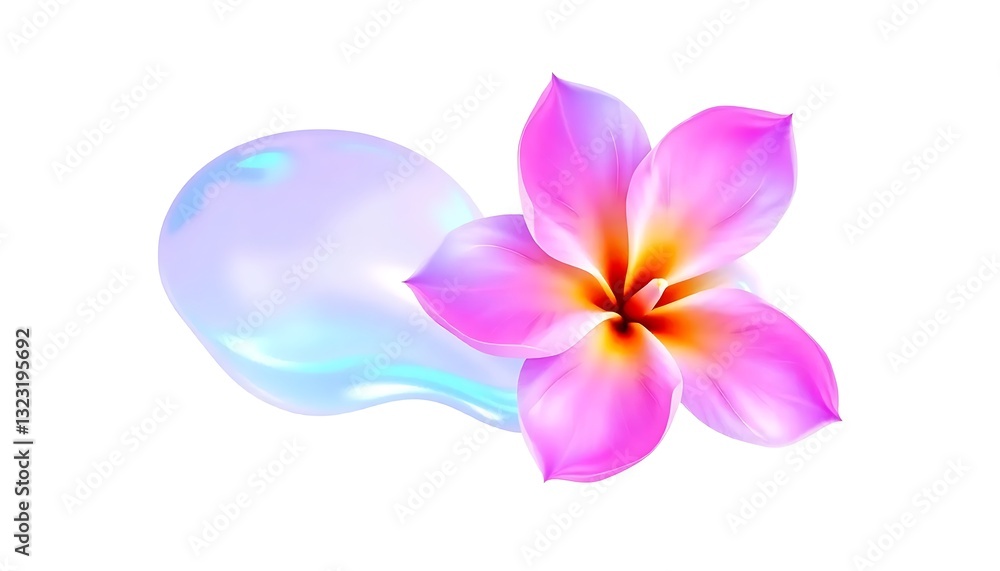 Obraz premium Blue Pink Frangipani Flower Fluid Holographic Iridescent 3D White Background Cutout