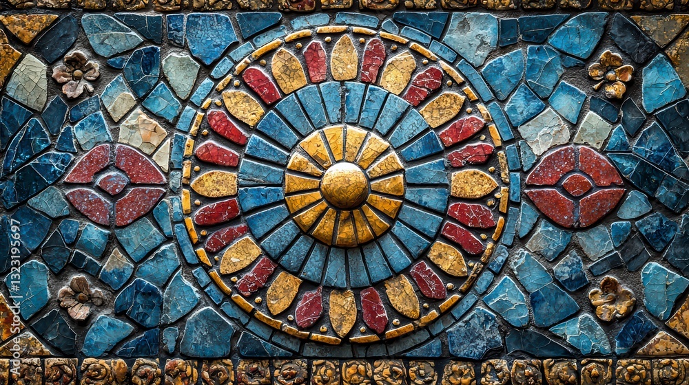 Obraz premium Geometric Harmony: A meticulously crafted, symmetrical pattern showcases a vibrant tapestry of colors and textures, with intricate detail. 