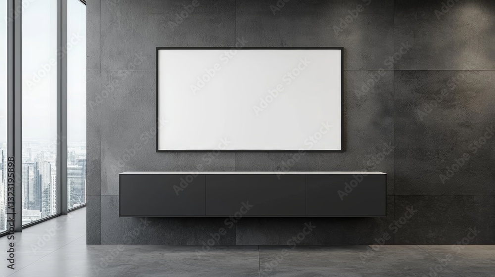 A high-end interior showcasing a sleek monochrome kitchen, large windows with a city view, and an empty poster frame on a contrasting gray wall A high-end interior showcasing a sleek monochrome kitchen, large windows with a city view, and an empty poster frame on a contrasting gray wall