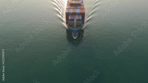 Aerial front view container ship transportation container for business logistics, export import or freight transportation.