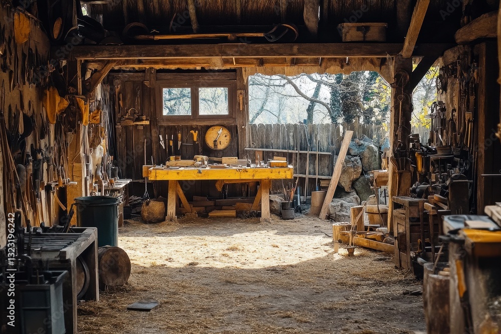 Fototapeta premium Rustic workshop in the field where skilled craftsmen hone their artistry and create unique handmade treasures.