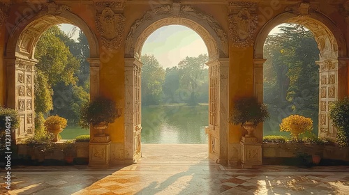 Fototapeta Naklejka Na Ścianę i Meble -  Arched Vista: A sunlit view through ornate arched windows and columns, revealing a serene lake and lush greenery, capturing a sense of timeless elegance and tranquility.
