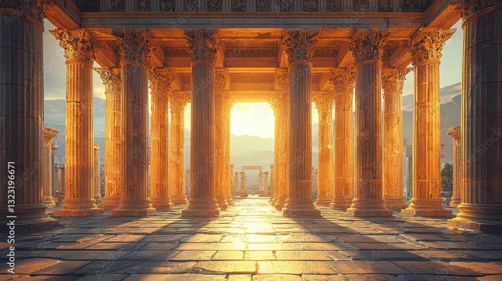 Fototapeta premium Golden Pillars: A stunning perspective of a grand, ancient structure with towering golden pillars, bathed in sunlight.