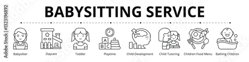 Babysitting Service Line Banner Web Icon Set Vector Illustration, Babysitter Daycare Toddler Playtime Bathing Children Food Menu Tutoring Development