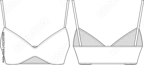 sleeveless strappy strapped spaghetti straps curved deep v neck cropped crop blouse top bustier bra template technical drawing flat sketch cad mockup fashion woman design style model 
