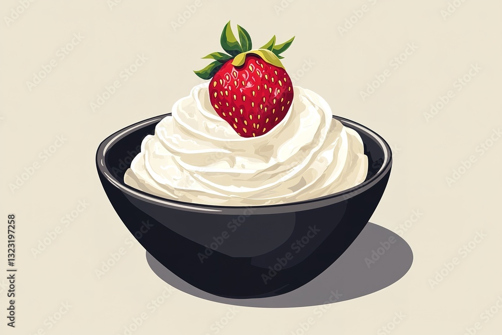Delicious Whipped Cream with Strawberry in Black Bowl - Sweet Dessert Illustration Delicious Whipped Cream with Strawberry in Black Bowl - Sweet Dessert Illustration