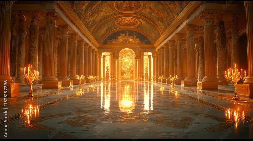 Obraz premium Golden Hall of Elegance: Majestic columns support a luminous ceiling, creating a spacious hall bathed in warm light and luxurious reflections, creating an atmosphere of opulence and timeless grandeur.