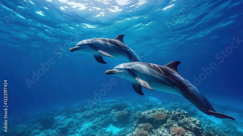 Wallpaper Mural Two playful dolphins swimming gracefully in crystal clear ocean waters capturing the spirit of freedom and play Torontodigital.ca