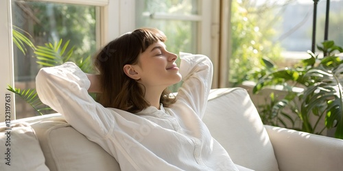 Serene young woman relaxing on sofa with hands behind head in sunlit room for wellness