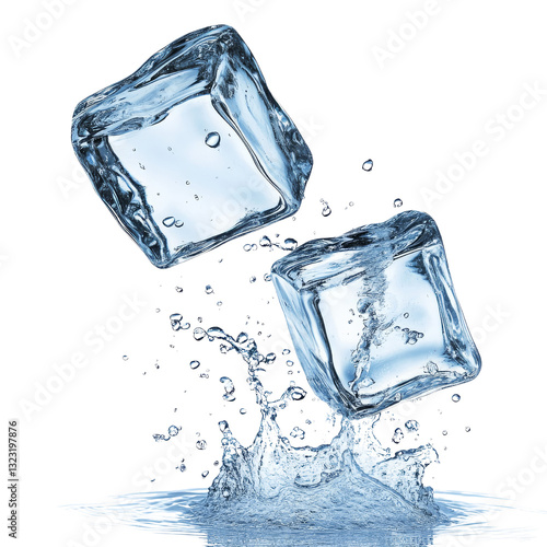 Two ice cubes splashing into water, creating a refreshing visual effect.