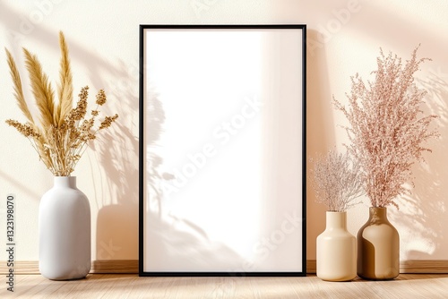 Decorative arrangement featuring vases and a blank frame against a bright wall in a modern interior space