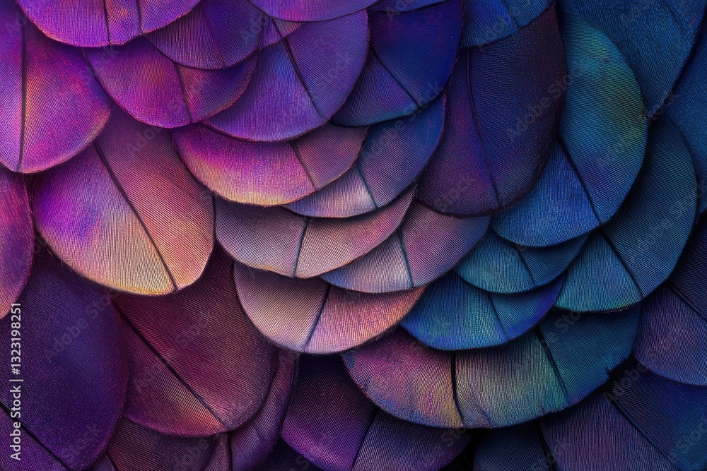 Obraz premium Close-up view of iridescent bird feathers, showcasing vibrant purple, pink, and blue hues.