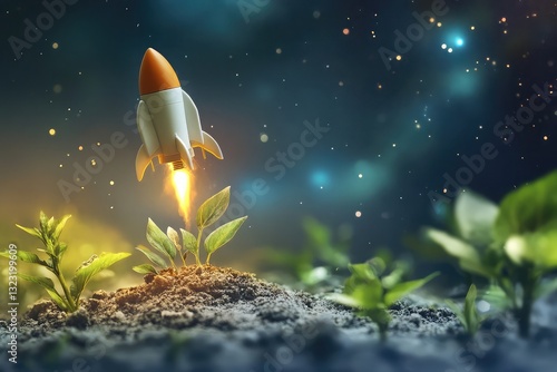 A small rocket ship blasts off from a patch of earth, symbolizing growth, innovation, and new beginnings. The warm light of the rocket contrasts with the cool night sky.