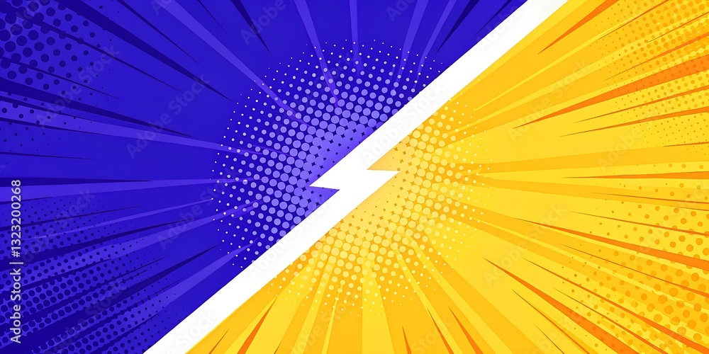 Fototapeta premium Versus Background Comic Style with Blue and Yellow Halftone Effect and Lightning Bolt Divider