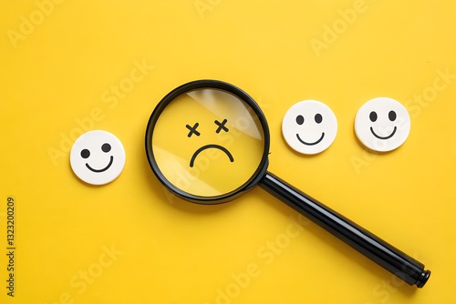 Unhappy face under scrutiny among happy faces concept showing negativity and depression detection