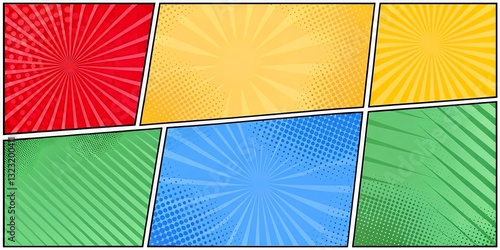 Vibrant Comic Book Page Template with Retro Burst Backgrounds and Halftone Effects Design