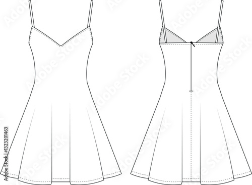 curved deep v neck sleeveless strapped strappy spaghetti straps zippered a line short mini dress fit and flared template technical drawing flat sketch cad mockup fashion woman design style model 
