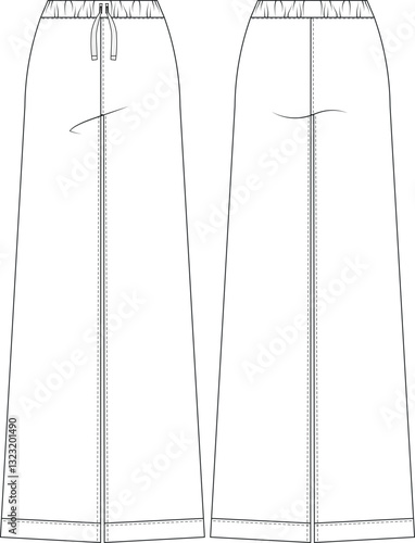 with drawstring elastic banded waistband mid rise mid waist wide leg pant trouser sweatpant template technical drawing flat sketch cad mockup fashion woman design style model 
