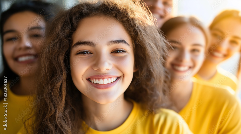 Group of happy teenagers smiling and taking a selfie in a bright room with natural sunlight. Group of happy teenagers smiling and taking a selfie in a bright room with natural sunlight.
