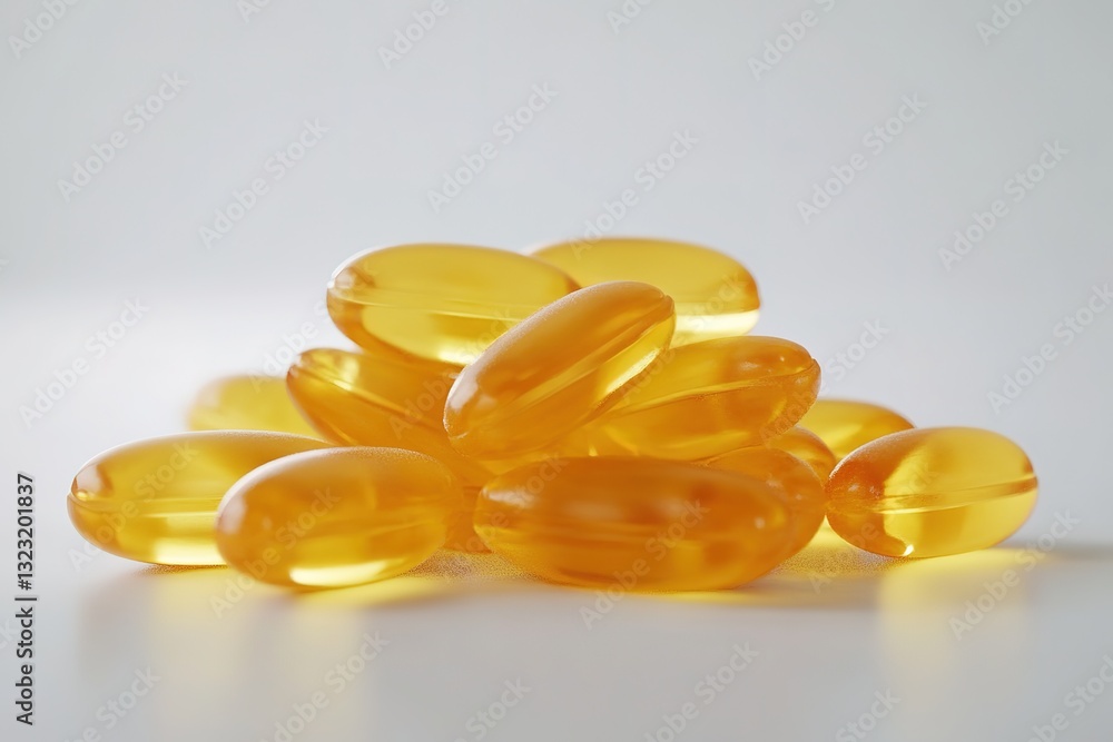 Close-up of Golden Yellow Omega-3 Fish Oil Capsules on White Background Close-up of Golden Yellow Omega-3 Fish Oil Capsules on White Background