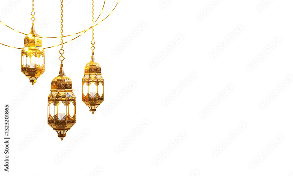 Hanging Golden Lanterns with Candles and String Lights with Transparent Background Hanging Golden Lanterns with Candles and String Lights with Transparent Background