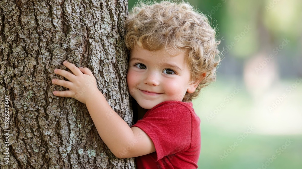 Eco-warrior, Young Child Hugging a Tree Smiling in Nature Under Soft Natural Light Eco-warrior, Young Child Hugging a Tree Smiling in Nature Under Soft Natural Light