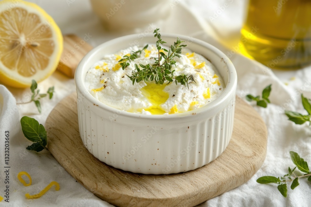 Soft ricotta cheese with fresh herbs and lemon zest in a ceramic dish with olive oil drizzle Soft ricotta cheese with fresh herbs and lemon zest in a ceramic dish with olive oil drizzle