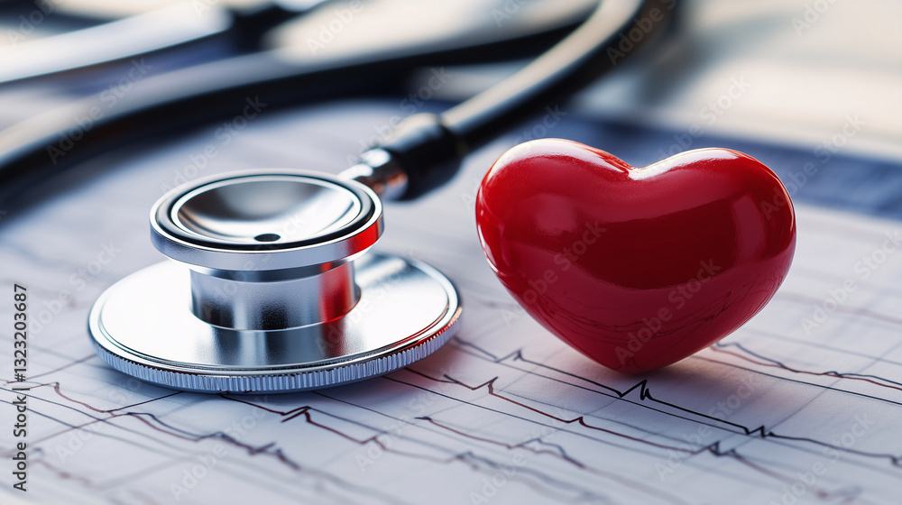 stethoscope and red heart on ecg stethoscope and red heart on ecg
