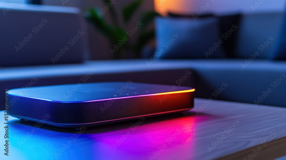Modern smart device on a chic tabletop showcasing a sleek wireless sound system perfect for contemporary living spaces Modern smart device on a chic tabletop showcasing a sleek wireless sound system perfect for contemporary living spaces