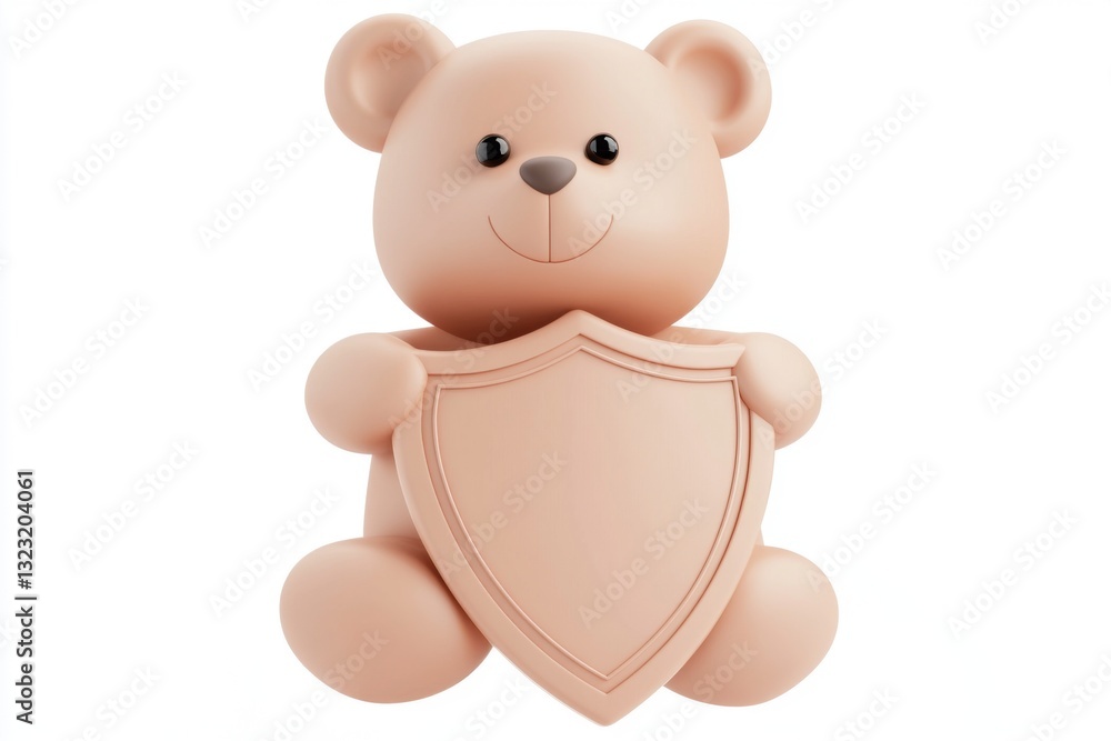 Fototapeta premium Teddy Bear with Shield: A friendly teddy bear figurine proudly holds a blank shield, perfect for conveying safety, security, and protection.