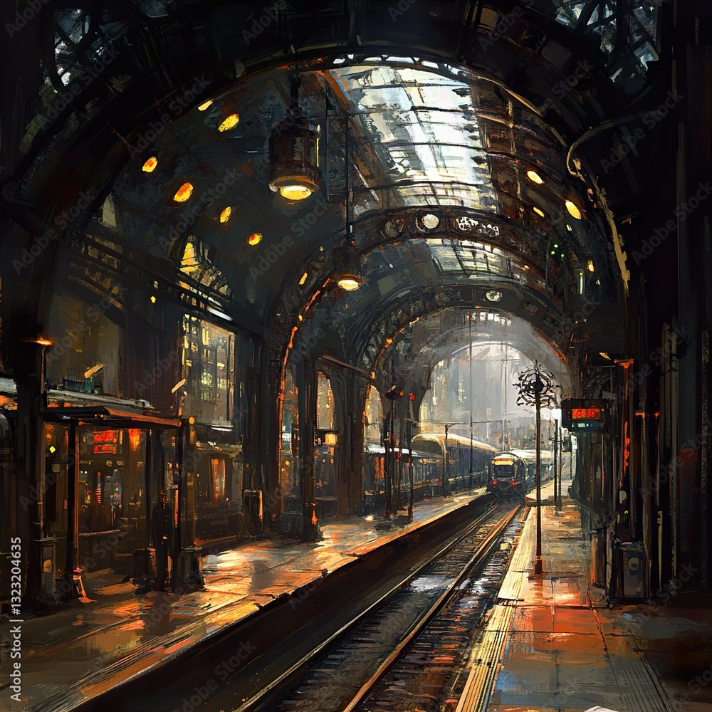 Obraz premium A Steampunk Train Station: Vintage Architecture and Atmospheric Artwork