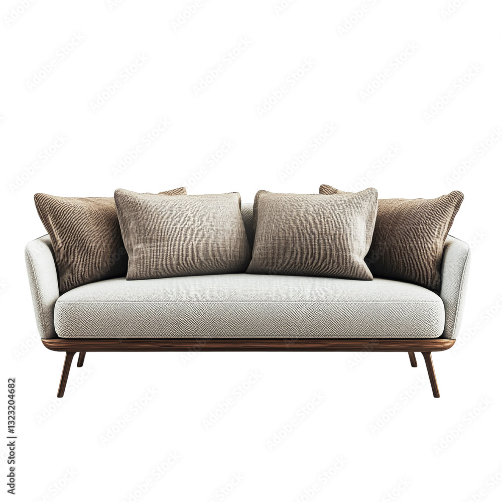 A modern sofa with neutral fabric and decorative pillows, ideal for home decor. A modern sofa with neutral fabric and decorative pillows, ideal for home decor.