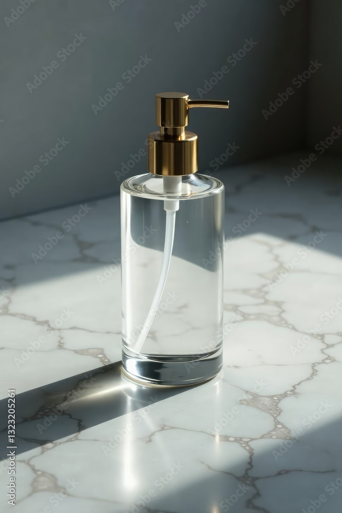 Glass pump bottle on a gray marble mosaic floor,, elegance, floor Glass pump bottle on a gray marble mosaic floor,, elegance, floor